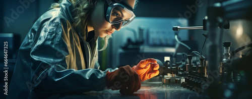 A woman wearing protective gloves and goggles working on an experiment in a laboratory. 