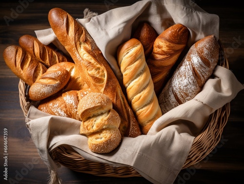 Frisch gebackenes Brot aus einer Bäckerei in einem Korb präsentiert photo