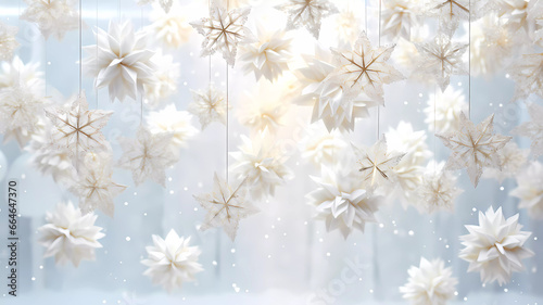 Christmas. Christmas snowflakes hang on the background. Background. Wallpaper. Generated AI. Photoshop improved