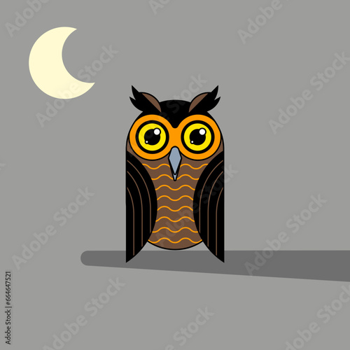 Cute owl in comic funny cartoon style. Halloween decor in flat vector illustration. (ID: 664647521)