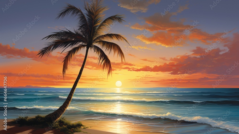 Marvel at the timeless elegance of a lone palm tree on a tranquil beach, its fronds gracefully swaying in the gentle breeze, as the day transforms into twilight.