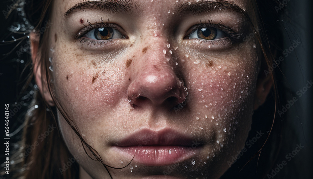 Wet woman looking sad, raindrop on face, beauty in darkness generated by AI Wet woman looking sad, raindrop on face, beauty in darkness generated by AI