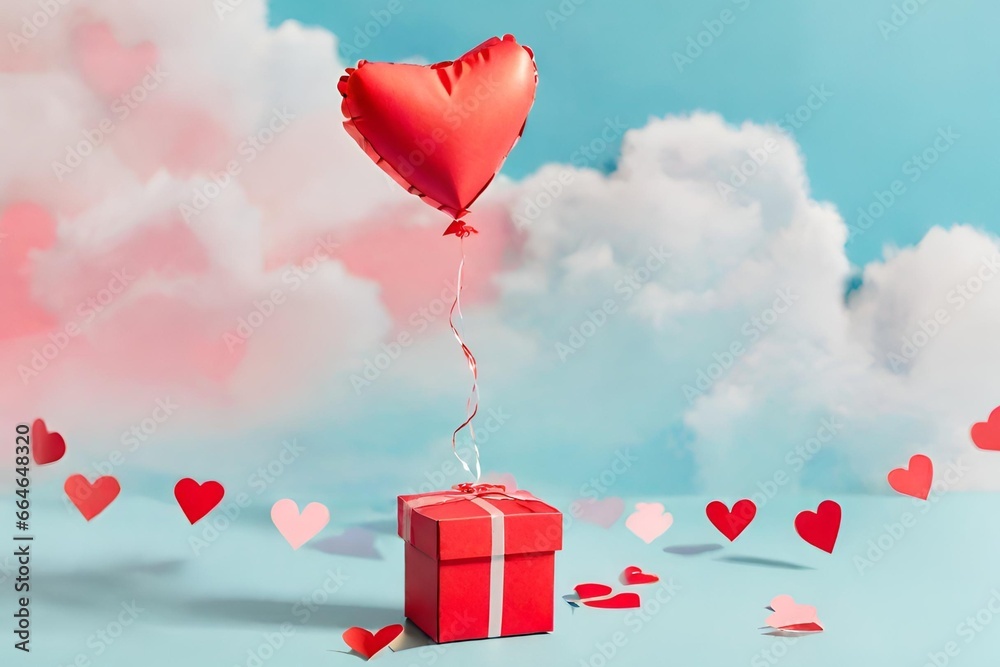 Geschenkschachtel mit Herzballon am Himmel, Fröhliche Valentinstags, Valentinstagskonzept