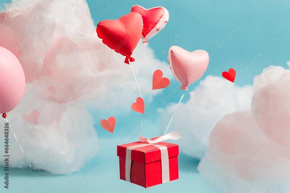 Geschenkschachtel mit Herzballon am Himmel, Fröhliche Valentinstags, Valentinstagskonzept - obrazy, fototapety, plakaty 