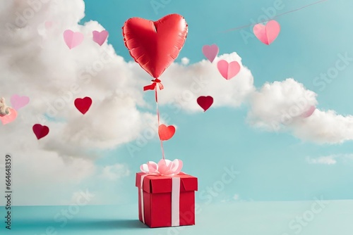 Geschenkschachtel mit Herzballon am Himmel, Fröhliche Valentinstags, Valentinstagskonzept photo