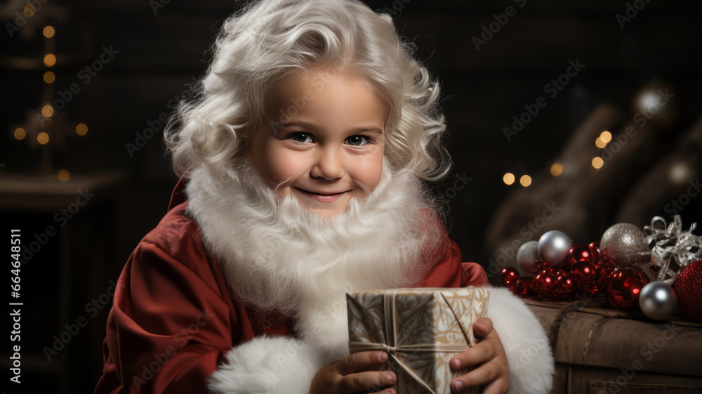 Christmas party: Festive portrait of Santa Claus child with beard and Christmas decorations