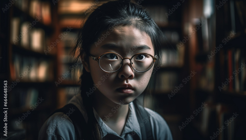 Young woman studying in library, looking sad, reading book generated by AI Young woman studying in library, looking sad, reading book generated by AI