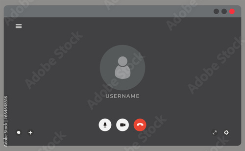Video chat interface, user web video call window. Concept of social remote communication, media video content