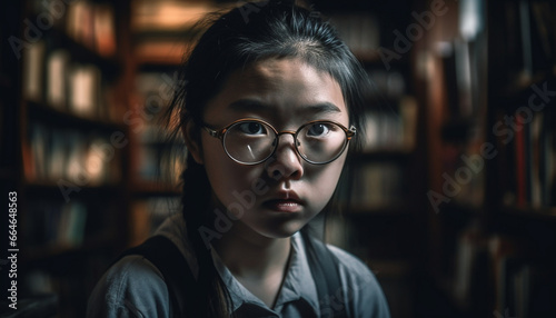 Young woman studying in library, looking sad, reading book generated by AI