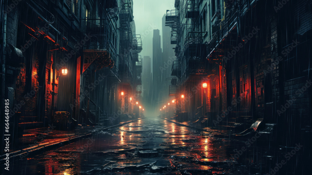 Dark street in dystopian cyberpunk city at night, buildings in rain - obrazy, fototapety, plakaty 