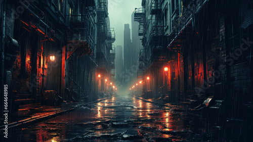 Dark street in dystopian cyberpunk city at night, buildings in rain