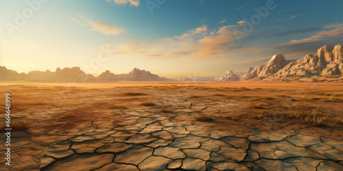 Drought due to global warming, landscape of deserted dry cracked land, panorama of wasteland in summer. Concept of ground, earth, global warming, soil