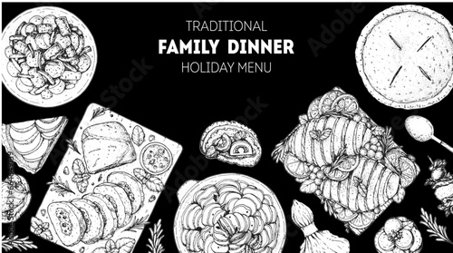 Family dinner. Holiday menu. Food design template. Engraved style background. Food and drink set. Hand drawn sketch, design template.