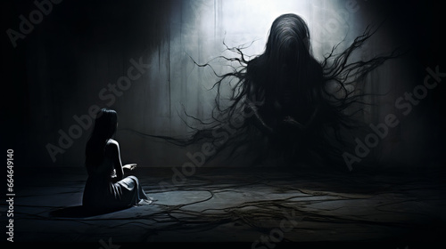 Hello Darkness My Old Friend. Horror scene of a scary woman can be used for desktop wallpaper