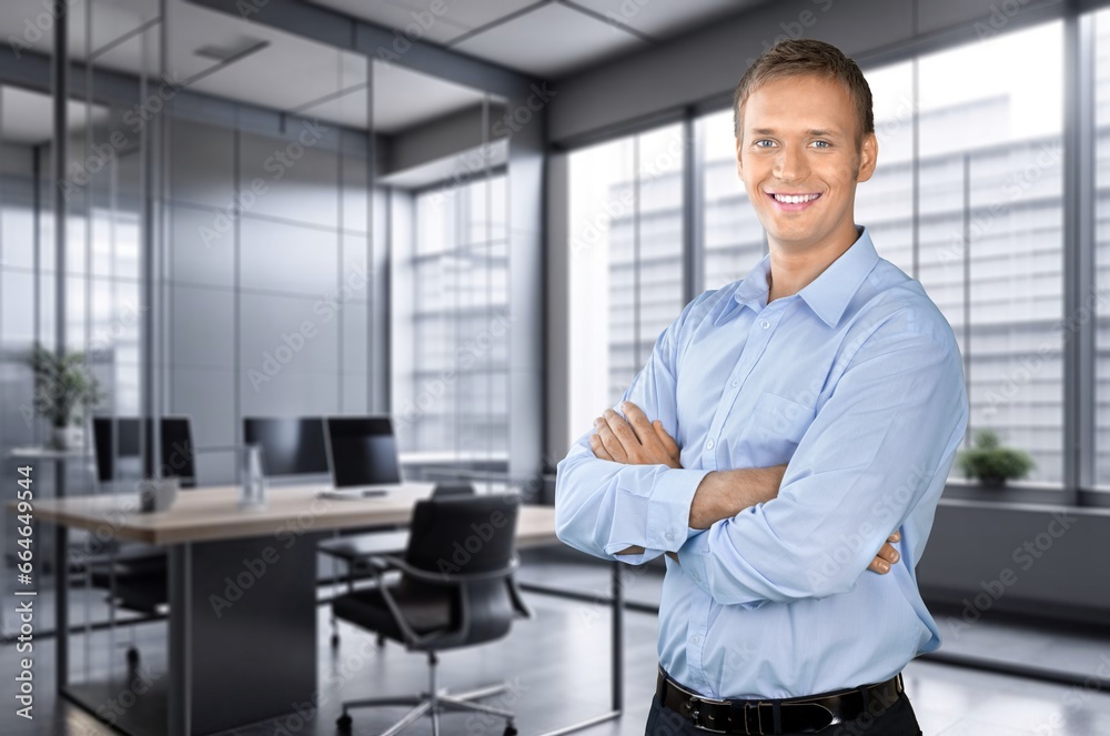 Happy confident business man in office hall, AI generated image