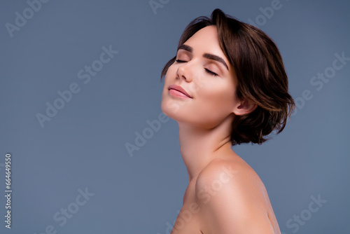 Photo of pretty aesthetic lady have spa salon procedure enjoy soft fresh therapy over grey background