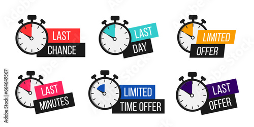 Sale countdown badges set. Limited time only discount promotions. Vector illustrations set