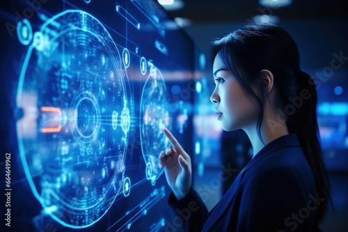 Young Asian woman looking at holographic digital display, futuristic technology