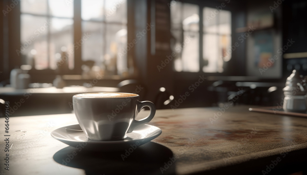 Coffee shop window, sunlight, latte, relaxation, comfortable, still life generated by AI Coffee shop window, sunlight, latte, relaxation, comfortable, still life generated by AI