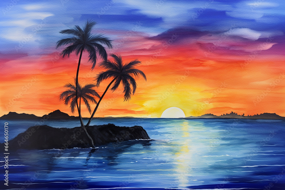 Tropical Serenity: A Captivating Watercolor Painting of a Tranquil Sunset in Paradise