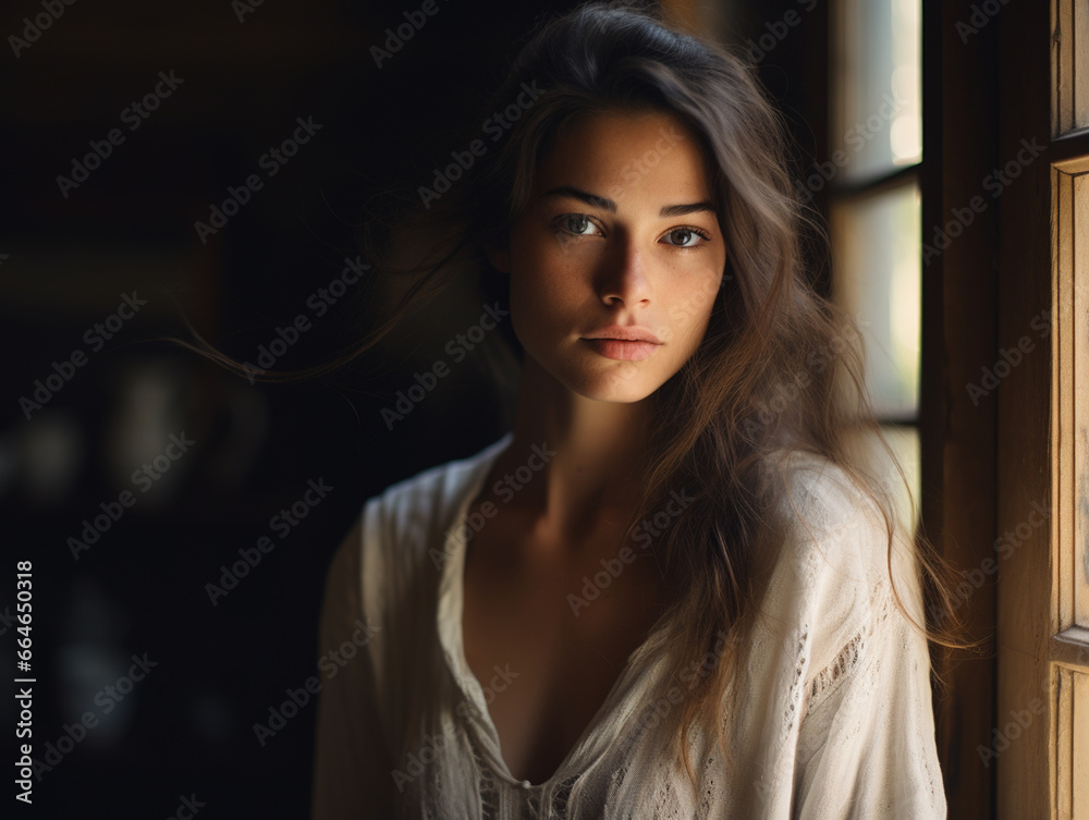 Fototapeta premium Portrait of beautiful young woman near window. 