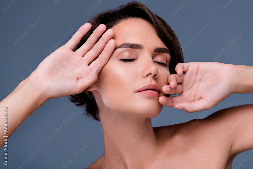 Photo of tender gentle lady touch applying new beauty product gel enjoy skin softness over grey background Photo of tender gentle lady touch applying new beauty product gel enjoy skin softness over grey background
