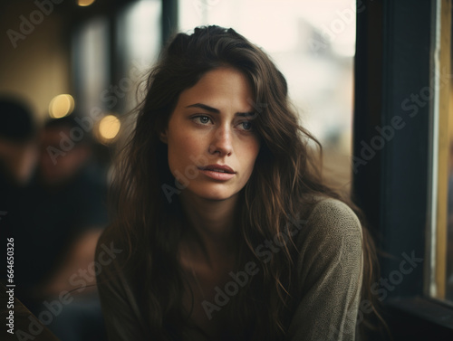 Portrait of beautiful young woman in cafe thinking or dreaming about something