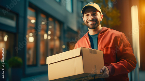Delivery man in red clothing holding a box in an urban setting