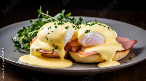 a classic eggs Benedict, with a perfectly poached egg and hollandaise sauce.