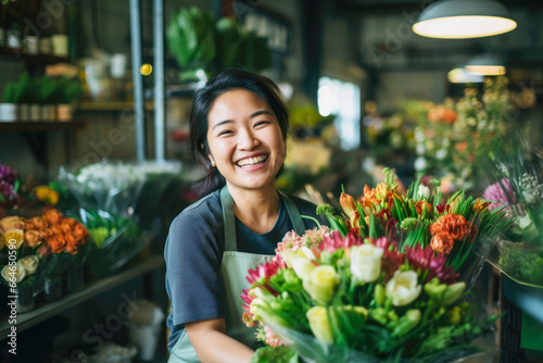 Smiling asian woman in flower shop holding flowers