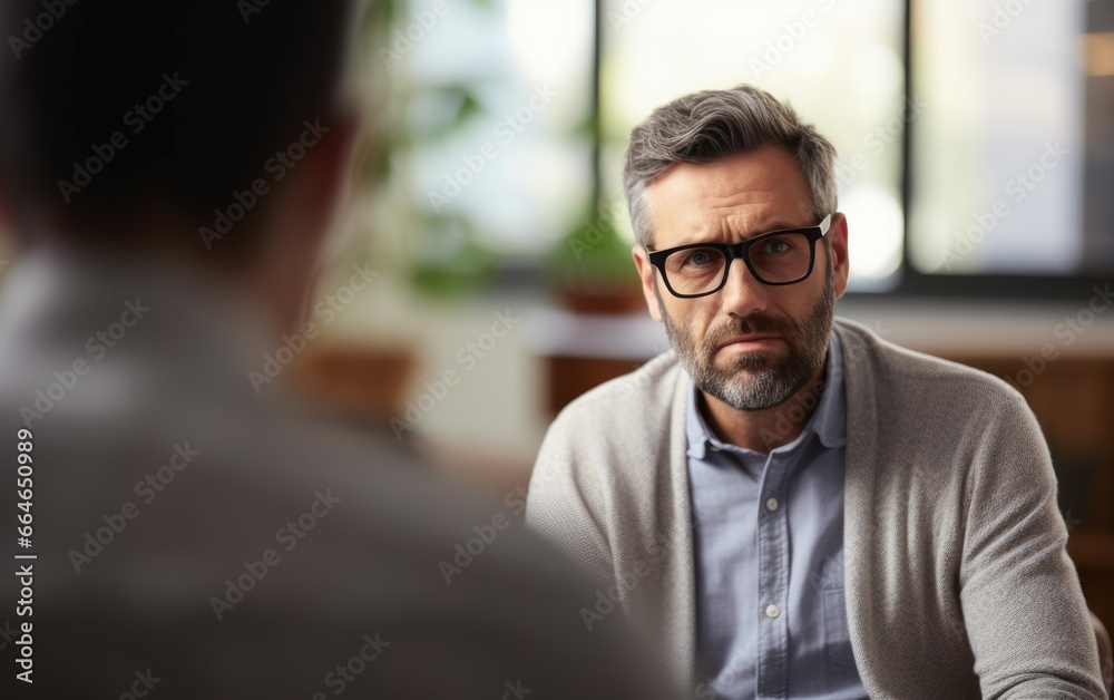 Obraz premium Male in psychologist's office. Mental Health Professionals.