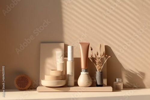 Simple mockup with beige wall and shadows. Cosmetics podium. Generative AI