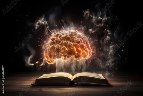 Unleash your potential with the power of knowledge and creativity, as represented by a glowing brain atop a book. AI Generative.