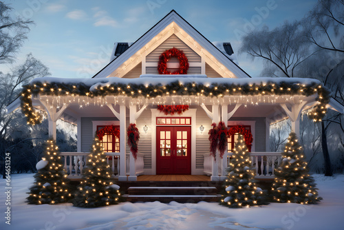 Joyous Holiday Illumination, Festive House adorned with Garland Lights for Merry Christmas and Happy New Year Celebration © Ash