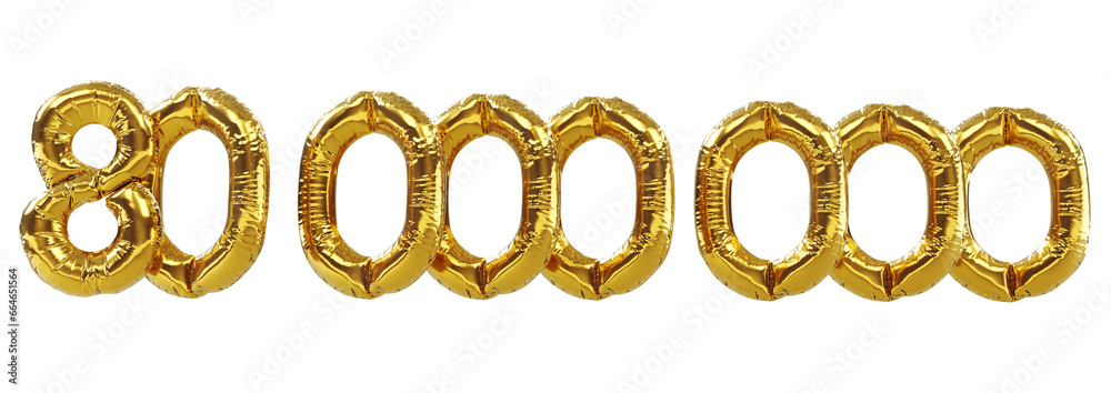 3D render of 80m or 80000000 followers thank you Gold balloons, eighty millions gold number balloons 3D render of 80m or 80000000 followers thank you Gold balloons, eighty millions gold number balloons
