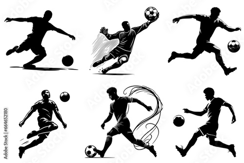 The Beautiful football: African Footballers in Action, player and goalkeeper, Silhouette Outlines, editable vector