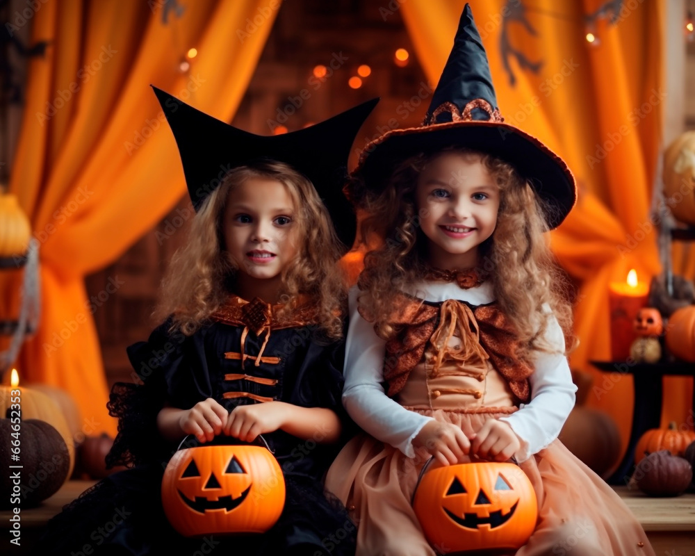 Fototapeta premium Happy halloween children in costumes and makeup holiday happy halloween