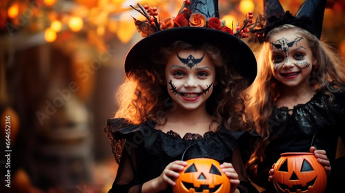 Happy halloween children in costumes and makeup holiday happy halloween