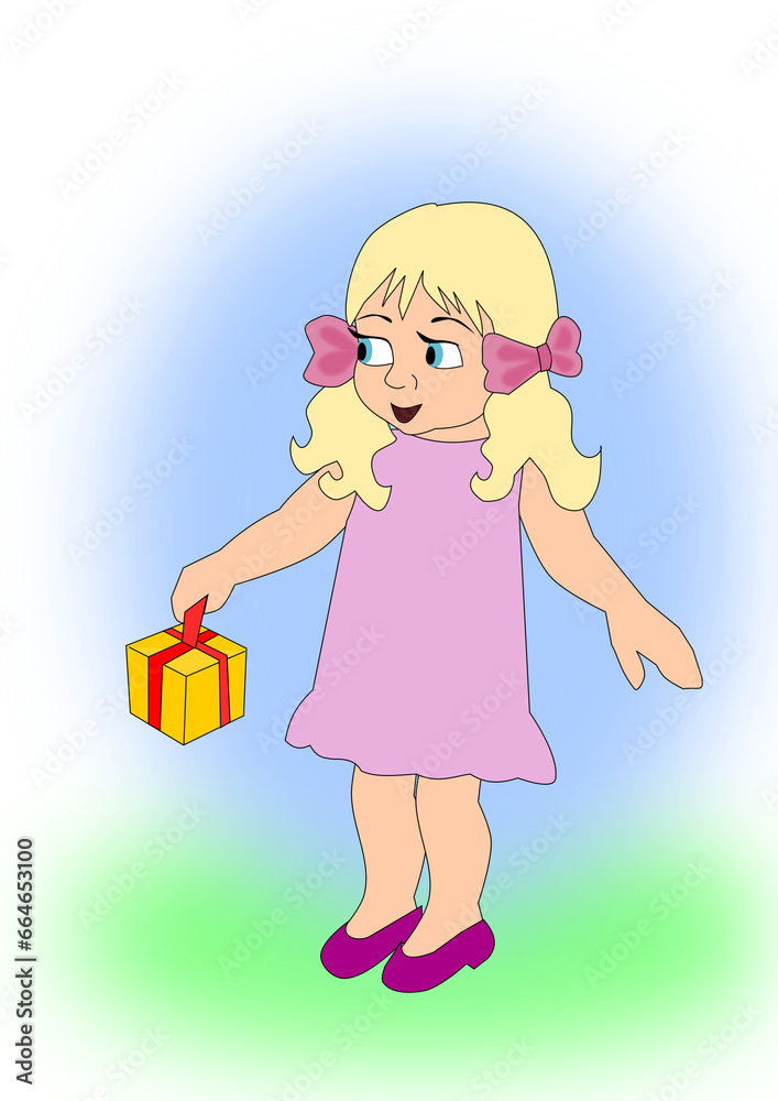 Little light-haired girl in a purple dress holding a present in her hand
Little light-haired girl in a purple dress holding a present in her hand