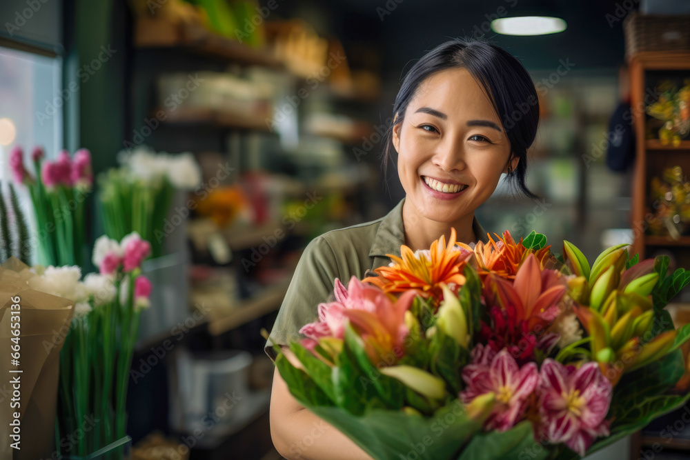 Smiling asian woman in flower shop holding flowers