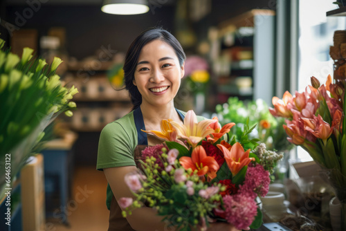 Smiling asian woman in flower shop holding flowers © PixelGallery