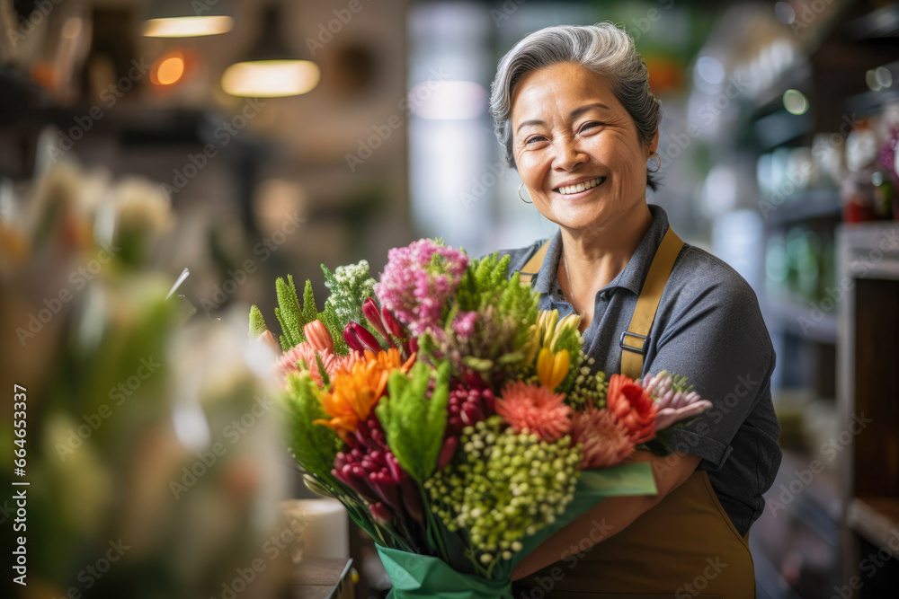An elderly woman holding a bouquet and smiling into the camera