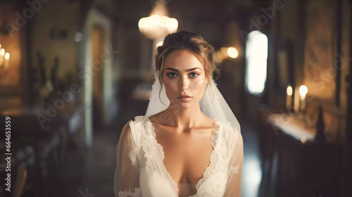 Elegant Bride in Vintage Room with Soft Ambient Lighting