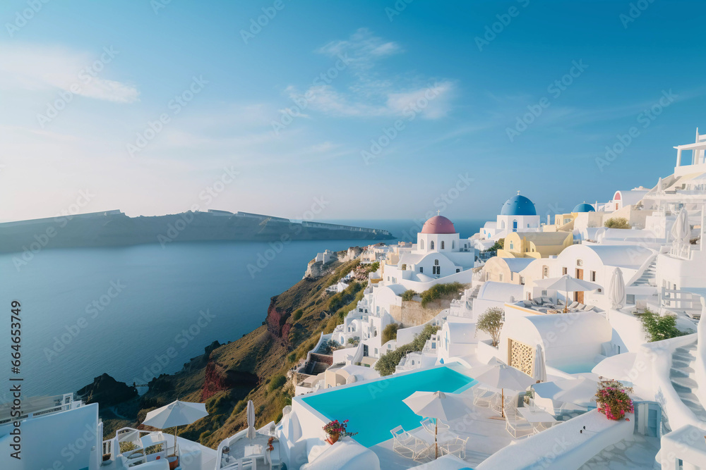 Sunset Serenity: Santorini's Iconic Blue Domes Overlooking the Aegean