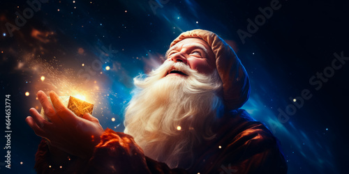 illustration of Santa Claus or Saint Nicholas holding magic gift box. Christmas time. Fairytale