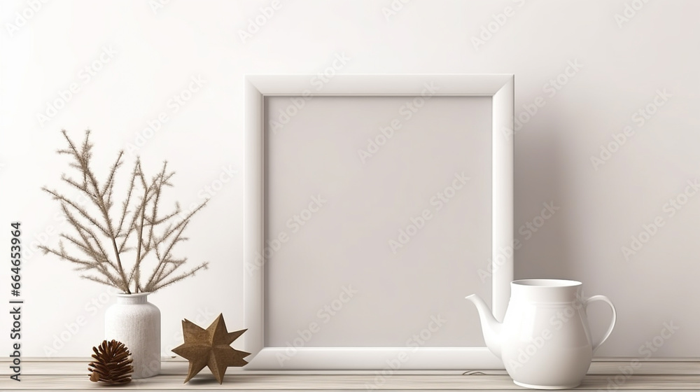 Christmas still life. Blank wooden picture frame mockup. Cup of coffee, pine tree. generative ai - obrazy, fototapety, plakaty 