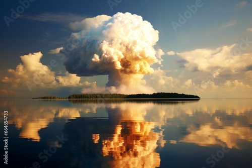Lake with mushroom cloud, nuclear catastrophe. Generative AI