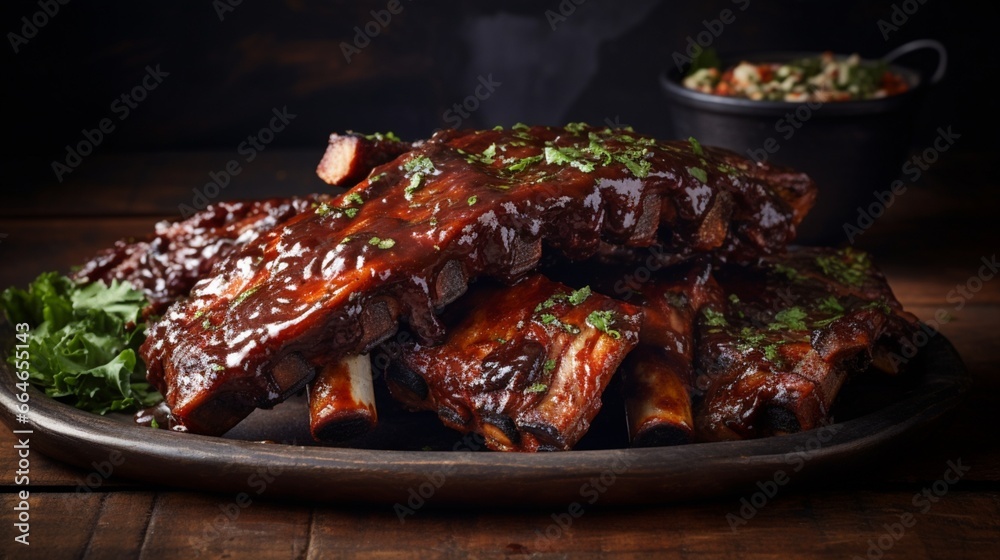 the smoky, caramelized beauty of barbecue ribs, slathered in tangy sauce.