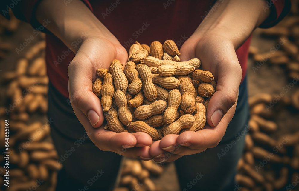 peanuts are laying in someone's hands - obrazy, fototapety, plakaty 