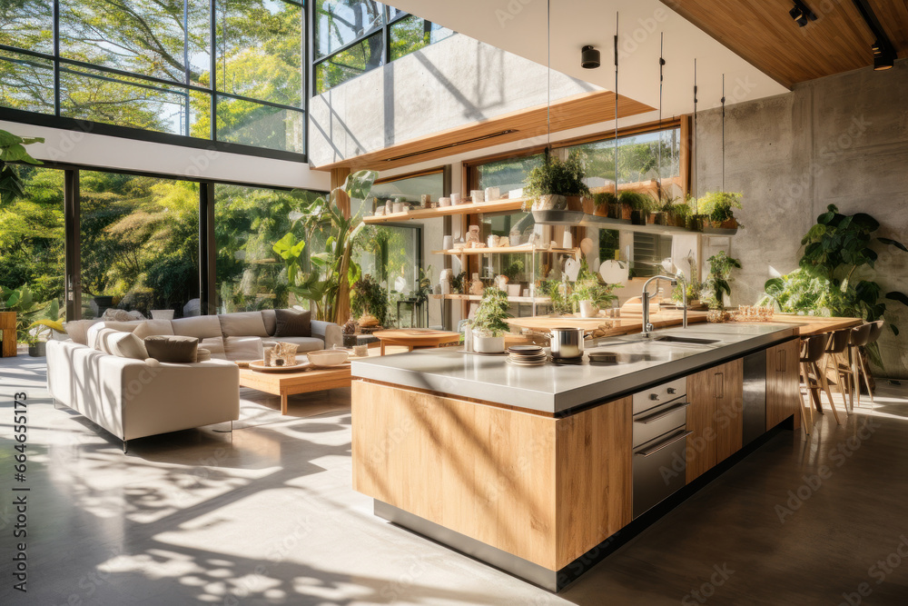 Modern interior design of light kitchen in Scandinavian style in eco lodge with island, dining table, sofa and chairs Modern interior design of light kitchen in Scandinavian style in eco lodge with island, dining table, sofa and chairs